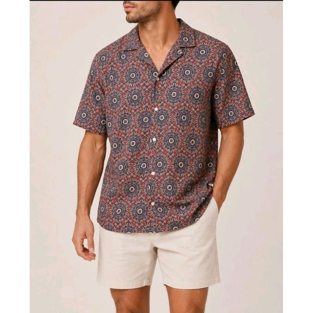 NEXT Men XXL Medallion Print Button Shirt‎ Red Navy Viscose Cotton Short Sleeve